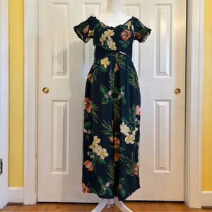 Patrons of Peace Green Tropical Floral Off the Shoulder Wide Leg Jumpsuit Large